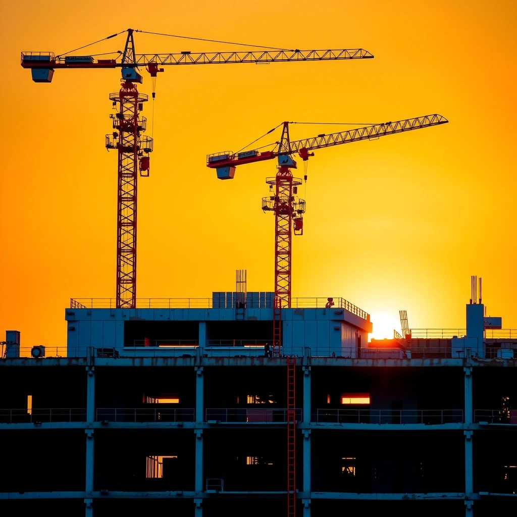Modern construction site with cranes and building framework at sunset