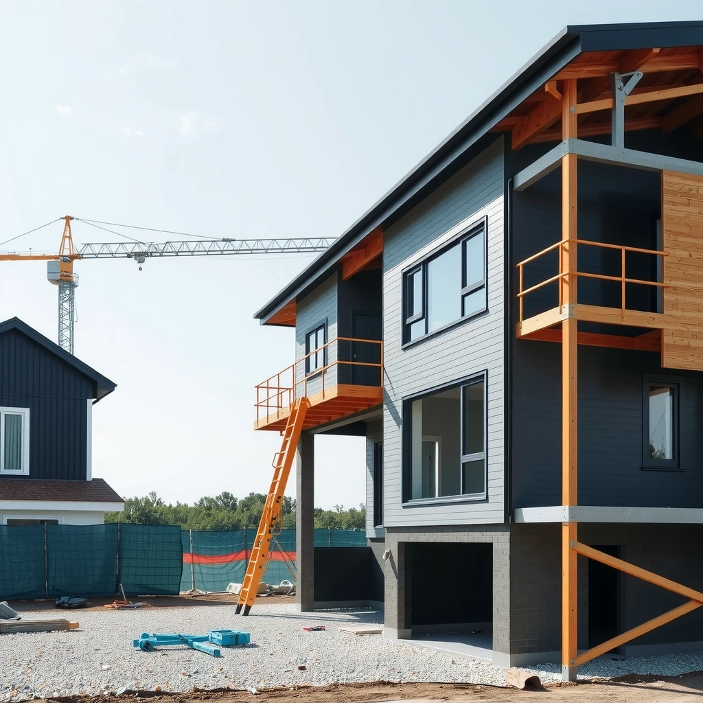 Modern residential house under construction with workers